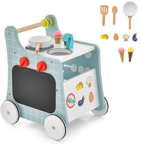 6 in 1 Wooden Baby Walker, Play Kitchen Playset, Toddler Push Learning Activity Walker with Wheels Shape Sorter Movable Slider, Montessori Educational Toy for Girls Boys 1-3 (Light Blue)