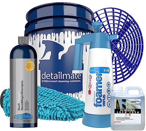 detailmate Set - Vorwäsche: ValetPro PH neutral Snow Foam, Kwazar Foamer 2L - Hauptwäsche: Koch Chemie Nano Magic Shampoo 750ml, Eimer 20L,Grit Guard Schmutzeinsatz, Waschhandschuh