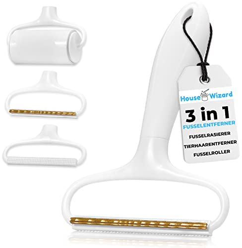 House Wizard Tragbarer Fusselentferner 3 in 1 Set mit 2 Aufsätzen Pilling Rasierer, Flusenroller, Tierhaarentferner - wechselbarer Kopf - Entfussler