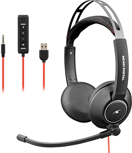 Bluestork MC 401 Casque Micro PC Filaire USB/3,5 mm, Son Stéréo, Microphone Rotatif Antibruit, Ultra Confort, Contrôle du Volume - Casque Professionnel Léger Idéal Télétravail (USB+Jack)