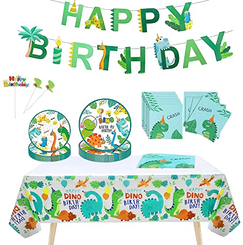 Stickerboy Dinosaur Party Supplies Tableware Set Dinosaur Birthday Party Decorations Dinosaur Party Plates Napkins Tablecloths Banner cupcake toppers Theme Party Tableware Set for Boys Girl