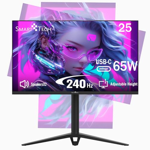 Smart Tech Gaming Monitor 25 Zoll, Full HD-Auflösung(1920x1080), Monitor 240Hz, USB-C 65W, Mit Zwei Lautsprechern, 1ms MPRT, FreeSync, Type-C, Höhenverstellbar, Drehbarer, HDMI DP, Schwarz