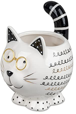 itsisa Deko Blumentopf Katze mit Brille12x9 cm aus Keramik - Pflanztopf, Übertopf, Pflanzgefäß, moderner Deko Stil