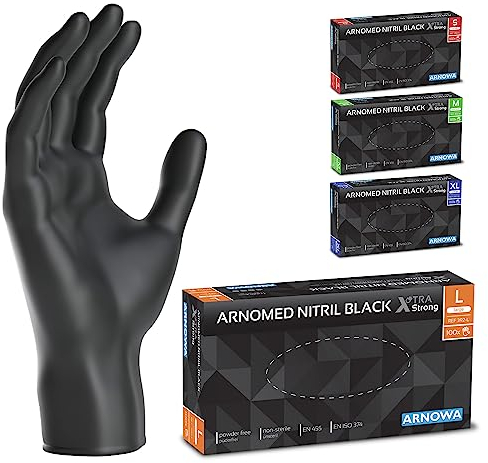 ARNOMED Einweghandschuhe Schwarz Extra Stark, Einmalhandschuhe L, 50% dickere Nitrilhandschuhe, 100 Stk./Box, Handschuhe Einweg puderfrei, latexfreie Gummihandschuhe, Einweghandschuhe in S, M, L & XL
