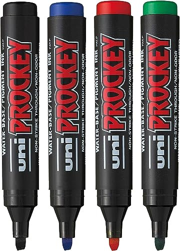 Uni-Ball Flipchartmarker PROCKEY, Keilspitze, 4er-Set (Schwarz, Blau, Rot, Grün), Meißeltip, Permanent, für verschiedene Anwendungen und Oberflächen, Industriell, Markierstift