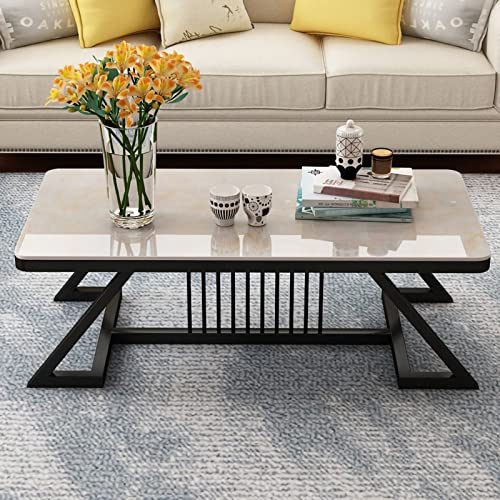 SORVA Table Basse en Verre trempé, Table de Centre de Salon Rectangle Texture marbre Cadre en métal Table de canapé Moderne Table Basse pour Cuisine, Salon, Bureau, Table Basse de Bar, Assemblage