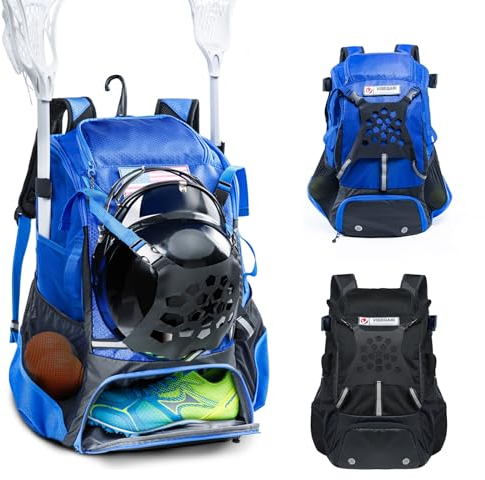 VIGEGARI Lacrosse Tasche mit Stockhalter, Rucksack mit Helmhalterung, Separater Schuhablage, Sporttaschen mit Taschen für Handschuhe, Ellenbogenschützer, Zubehör