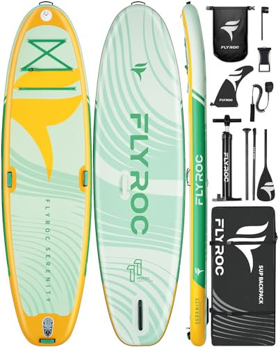 FLYROC 11 tum x 35 extra bred uppblåsbar paddelbräda, stabil paddelbräda för yoga, stående paddelbräda för vuxna, halkfri hel EVA-däck, 5 handtag, 100 l ryggsäck, allsidig sipbräda, avtagbar fena