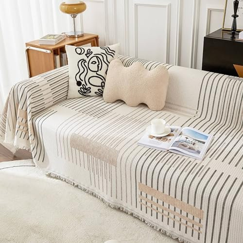 Epinki Couchbezug, 180x420CM Sofahusse Ecksofa mit Quaste Geometrisch Streifen Muster, Superweiche Sofahusse aus Baumwolle Möbelschutz-Sofabezüge, Grau