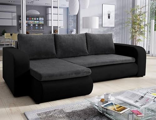 Easy4You Brooklyn Graphite und Schwarz Ecksofa L-Form 245 cm mit Schlaffunktion und Stauraum - Schlafsofa mit Bettkasten - Moderne Wohnzimmermöbel – Stoff: Soro 97/Soro 100