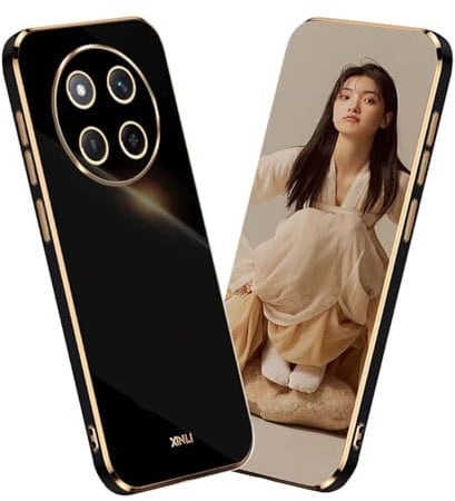 YUEQIAN Case for Honor Magic 7 Lite 5G (Magic7 Lite)/X9c, Ultra Thin Slim Soft Silky TPU Bumper Silicone Shockproof Case, Elegant Electroplated Gold Edge Anti-fall Women Girls Cover, Black