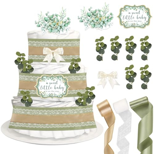 CORNER LACE Baby Shower Greenery Diaper Cake Decorations, Birthday Party Diaper Cake Supplies Sage Green Gold, Include Ribbon, Bow Tie, Cake Toppers, Artificial Leaf(Diaper Not Included)