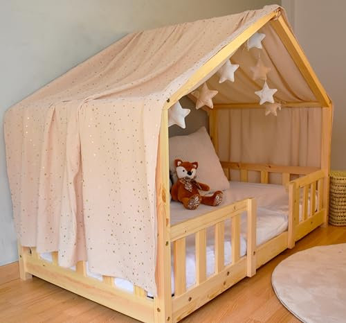 YellowNest Hausbett Himmel - 100% Baumwolle - Betthimmel Hausbett aus Musselin - Himmelbett Vorhänge für Bett 90x190 & 140x200 cm - Ohne Wimpelkette Kinderzimmer Stern (Beige, 130 x 400 cm)