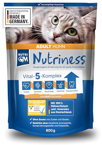 NutriQM® Nutriness Adult Trockenfutter Huhn [5×800 g] – ohne Gluten & Zucker – hohe Akzeptanz & glänzendes Fell – für ausgewachsene Katzen – Initiative Tierwohl Zertifiziert – Made in Germany