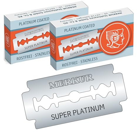 MERKUR Rasierklingen Edelstahl Super Platinum 910 (20 Stück) | Geeignet für traditionelle Rasierhobel | Doppelseitige Rasierklingen mit Platin und Teflon beschichtet | Rostfreier Edelstahl