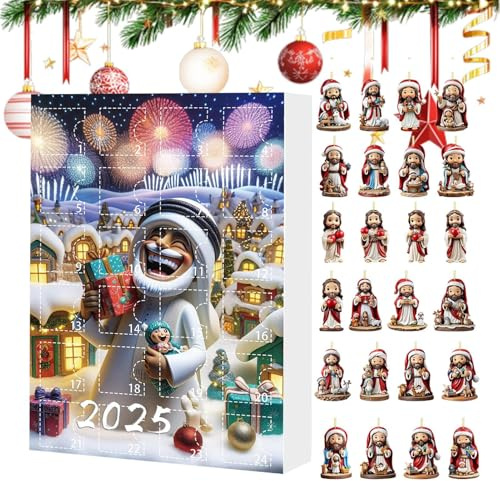 Fyrdyn Adventskalender Weihnachten,24 Türchen Mit 2D Jesus Anhänger Countdown Kalender 2025 | Niedliches Anhänger Deko für Sammler Wand Tür Eingangsbereich Innenbereich Party Zuhause Fest
