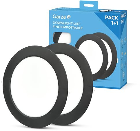Garza - Pack 1+1 Downlight LED Empotrable Circular Extraplano Ojo de Buey, 22cm, 18W, 6500K Luz Fría, 1950lm, 30.000h, IP20, Negro, Ahorro Energético 80%