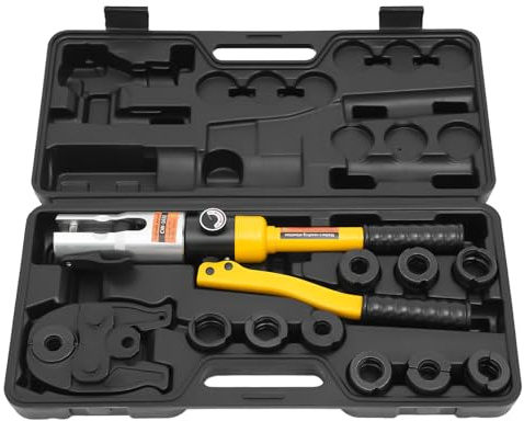 Pinza idraulica a mano per tubi in rame e tubi compositi, pinza pressatrice manuale con 10 coppie di matrici (V12-V28 & M12-M28), forza di pressatura 10T, testa girevole a 360° (giallo)