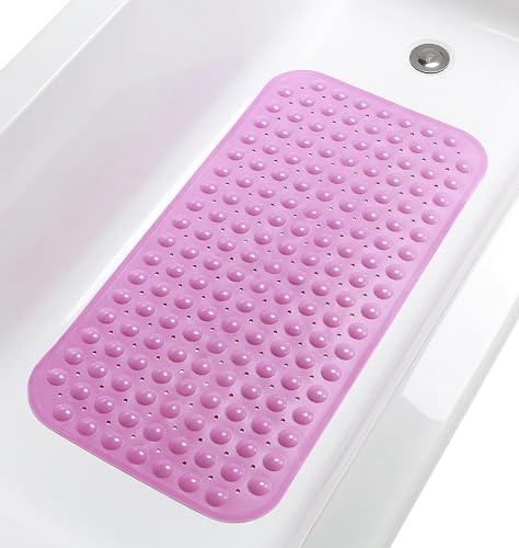 TIKE SMART Tapete grande antideslizante para bañera y ducha de 31 x 16 pulgadas (solo bañeras lisas/sin textura) seguro, limpio, lavable a máquina, agarre y drenaje superiores, vinilo, rosa opaco