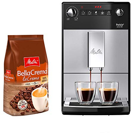 Melitta Purista F 230-101 Kaffeevollautomat silber/schwarz + Melitta BellaCrema LaCrema Ganze Kaffeebohnen