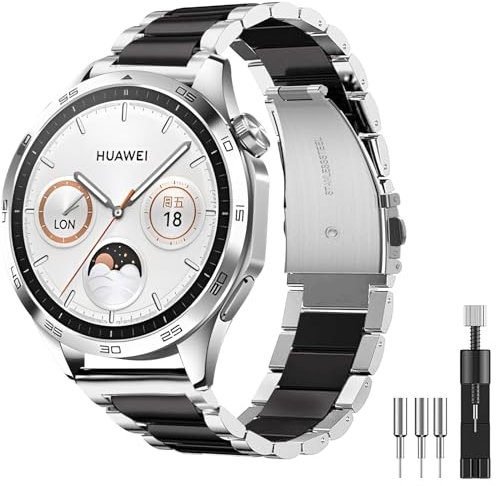 Diruite pour Huawei Watch GT 4 46mm Bracelet,Acier Inoxydable Remplacement Wrist Band avec Métal Fermoir pour Huawei Watch GT 4 46mm Bracelets-Noir+Argent