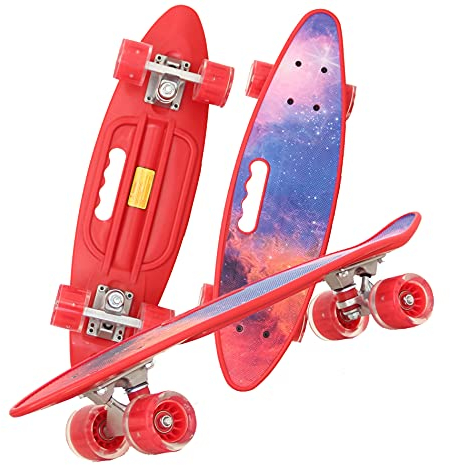 Mini Cruiser Retro Skateboard Komplettboard für Kinder Jugendliche mit LED Leuchtrollen und Tools für Anfänger (Sternenhimmel)