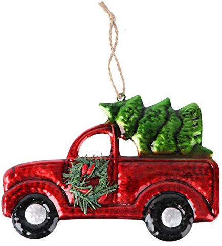 Vintage Red Truck Christmas Bauble Decoration Christmas Pickup Truck with Pine Tree Xmas Tree Ornament for Home Holiday Decor Red