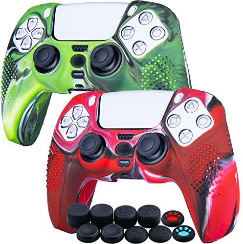 YoRHa Studded Silikon Hülle Abdeckungs Haut Kasten für PS5 Controller x 2 (Tarnung Rot+Grün) Mit Pro Aufsätze Thumb Grips x 10
