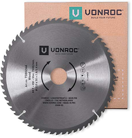 VONROC Lama per sega 210 x 30 mm - 60 denti. Per legno. Adatto per seghe da banco e troncatrici