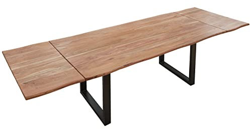 SAM Baumkantentisch 200 (300) x 90 cm Norina, Akazienholz massiv & stonefarben lackiert, Esszimmertisch inkl. 2 Ansteckplatten, echte Baumkante, Esstisch mit U-Metallgestell in Schwarz