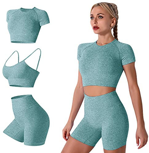 IMEKIS Damen 3 tlg Fitness Set Sport-BH mit Crop-Top und Shorts Nahtlose Yoga Kleidung Fitness Workout Outfit Frauen Slim Fit Sommer Biker Activewear Laufanzug Dunkelgrün S