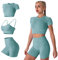 IMEKIS Damen 3 tlg Fitness Set Sport-BH mit Crop-Top und Shorts Nahtlose Yoga Kleidung Fitness Workout Outfit Frauen Slim Fit Sommer Biker Activewear Laufanzug Dunkelgrün S
