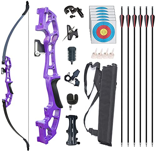 Monleap Archery Recurve Bogen und Pfeile Set für Erwachsene Metall Riser 58 Longbow Kit Rechtshänder gerader Bogen für Anfänger Outdoor Jagd Schießübungen (lila 30lb)