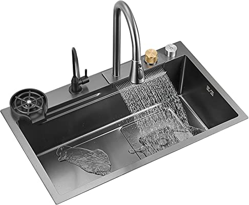 Kitchen Sink 304 Stainless Steel Nano Raindance Waterfall Sink Home Vegetable Basin Single Workstation Kitchen Sink with Pull-Out Faucet, Pressurized Cup Washer (68 * 45 * 20cm)