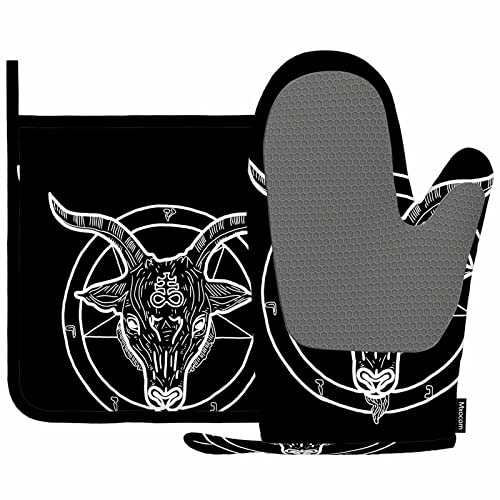 Mxocom Ensemble de gants de cuisine et maniques en silicone Pentagram Demon Baphomet Satanique Symbole Tête de chèvre Tatouage Blanc Noir Gants de barbecue pour cuisine, pâtisserie, grillades