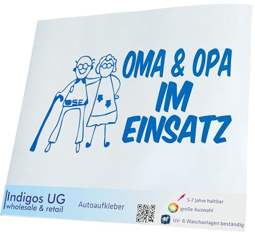 INDIGOS UG Aufkleber - Autoaufkleber - JDM - Die Cut - Oma und Opa im Einsatz Kinder Boy Girl - 400x190mm blau - Heckscheibe - Heckscheibenaufkleber - Sticker Tuning Boot Auto Laptop LKW