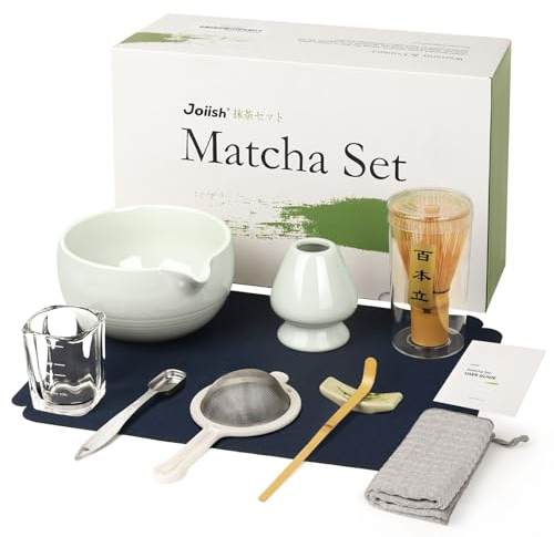 Joiish Kit de matcha 10 pièces, Accessoire Japonais, Fouet et Bol avec Bec Verseur et Cuillère à Mesurer, Outils de Fabrication de Thé, Gris