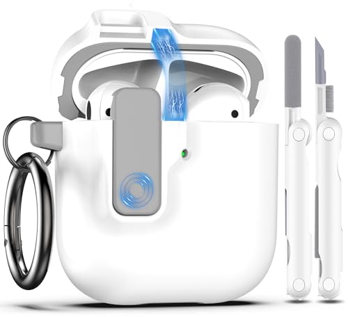 RFUNGUANGO Funda para AirPods 1 y 2 con Kit de Limpieza, Interruptor de presión automático y diseño de Funda con Clip de Bloqueo Seguro Compatible con Apple Airpods 2.ª/1.ª Funda de Carga,Blanco
