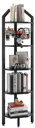 YMYNY Eckregal stehend, Bücherregal mit 5 Ablagen, Drahtgeflecht, 28x28x176cm, Leiterregal, Pflanzenregal für Wohnzimmer, Schlafzimmer, Küche, Balkon, Industrial-Design, Schwarz HBR006B