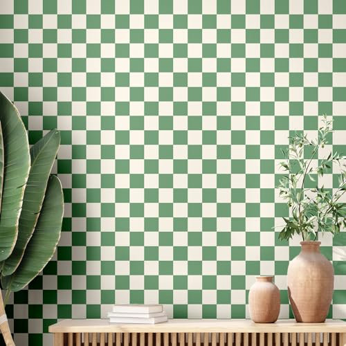 Drydiet Retro Checkered Peel and Stick Wallpaper 70s Funky Checkered Contact Paper Geometric Waterproof Wallpaper Neutral Checkerboard Decor for Bathroom Cabinet(Green,16.4' X 15.75'')