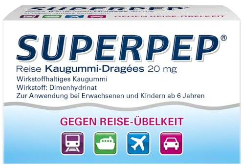 SUPERPEP Reise Kaugummi Dragees - Gegen Reiseübelkeit und Motion Sickness ohne Schläfrigkeit - Für Erwachsene und Kinder ab 6 Jahren - 20 Stück