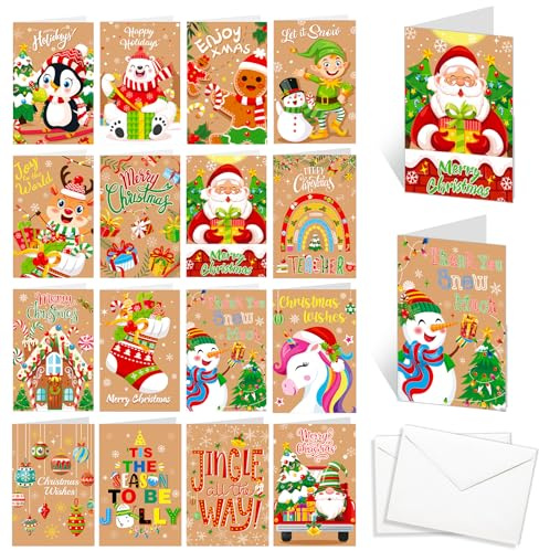 HOWAF Weihnachtskarten mit Umschlag Set, 32 Weihnachtskarten Klein, Karten Weihnachten Kinder Mini Weihnachtskarten Set klappkarten Weihnachtsgrußkarten Set für Kinder, Familie, Freunde & Lehrer