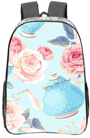 Tasses à thé et théières vintage à fleurs et roses,16 pouces Sac à dos décontracté Sac à dos transparent Sac d'école résistant à l'eau