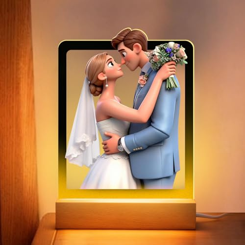 VEELU Personalisierte Cartoon Foto Figur LED Bilderrahmen Nachtlicht mit Holzsockel, Personalisierte Fotogeschenke Valentinstag für Sie & Ihn, Personalisiertes Jahrestag Geschenke (Bilderrahmenstil)