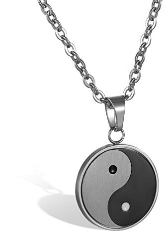 JewelryWe Schmuck Herren Damen Halskette, Edelstahl Tai Chi Yin und Yang Anhänger mit 55cm Kette, Schwarz Grau Silber, kostenlos Gravur