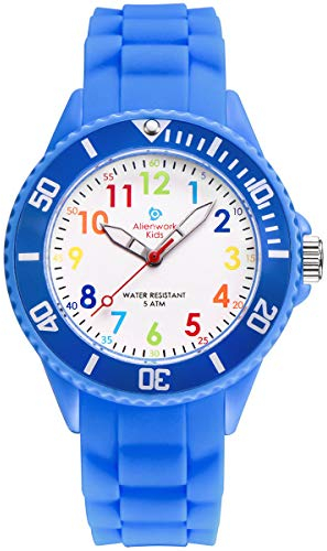 Alienwork Kids Lernuhr Kinderuhr Jungen Mädchen Blau Silikon-Armband Mehrfarbig Kinder-Uhr Wasserdicht 5 ATM Zeit Lernen