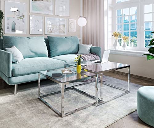 lukmebel Yoshi 2in1 Couchtisch, Gehärtetes Glas, Chromstahl, 70x70x42 /60x60x36 cm, Modern, Stabil, Elegant, Minimalistisch