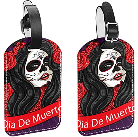 Schöne Dia De Muertos Totenkopf-Reisegepäckanhänger, 2 Stück, für Handtaschen, Koffer, ID-Etiketten, Taschen und Gepäckanhänger mit sicherem Gurt