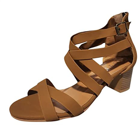 Low Block Heel Sandals Womens Zip Up Stacked Heel Sandals Buckle Strap Ladies Court Shoes SIGOYI