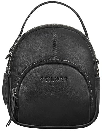 STILORD 'Polina' Frauen Mini Daypack Leder XS City Backpack Tagesrucksack Klein Leder Stadtrucksack Kleine Handy Schultertasche Damen Casual Bag, Farbe:schwarz